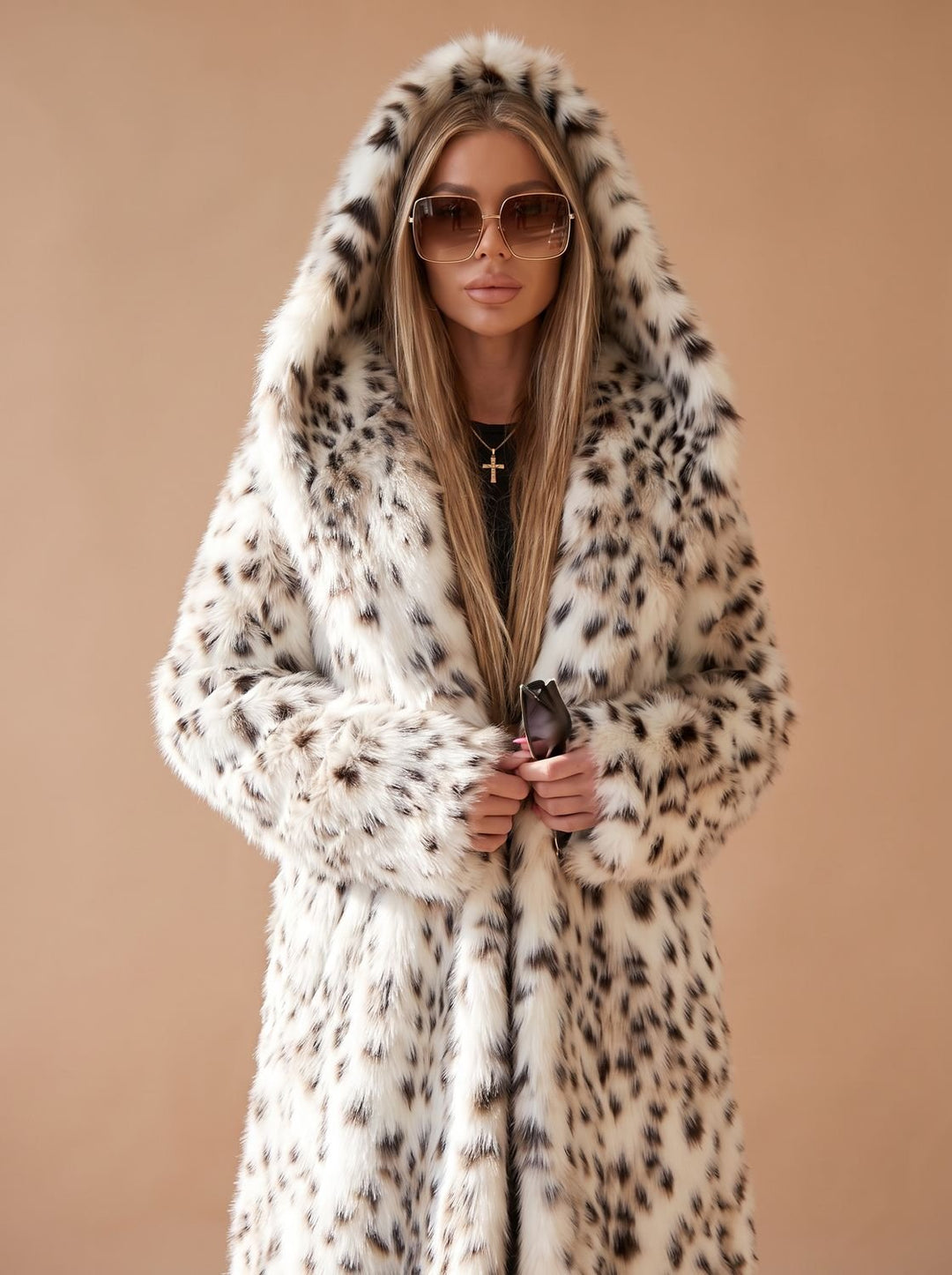 Women's Coat – Long Faux Fur Leopard Print Belted Over