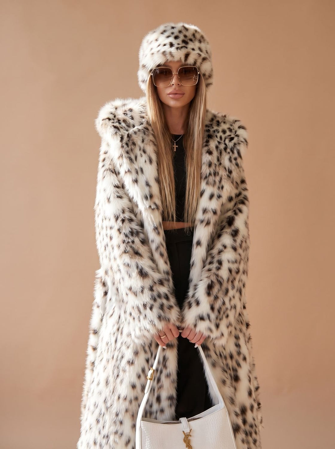 Women's Coat – Long Faux Fur Leopard Print Belted Over