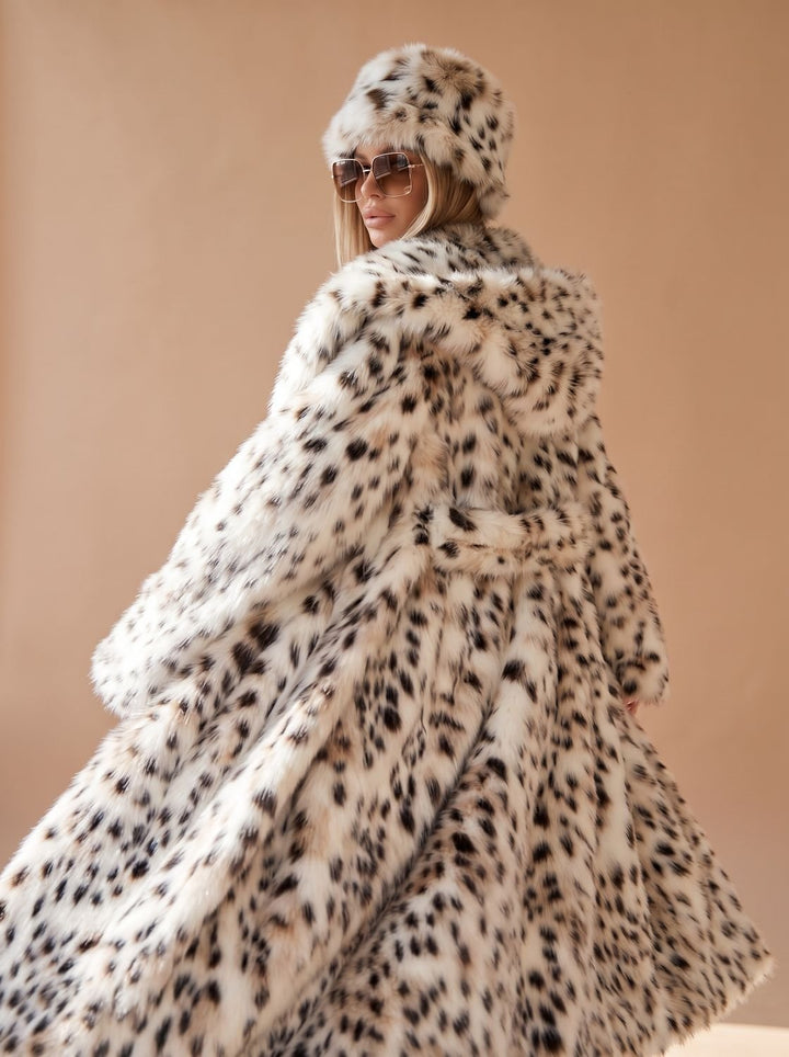 Women's Coat – Long Faux Fur Leopard Print Belted Over