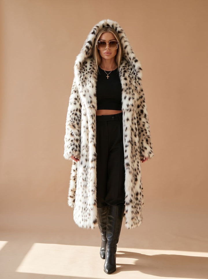 Women's Coat – Long Faux Fur Leopard Print Belted Over