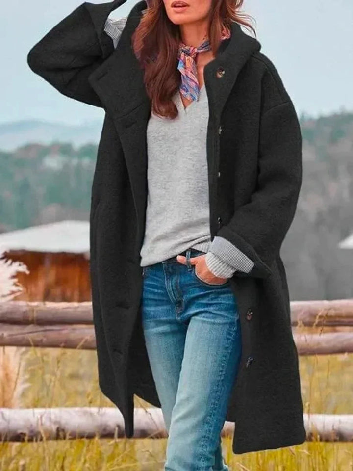 Women's Long Hooded Button-Front Fleece Coat