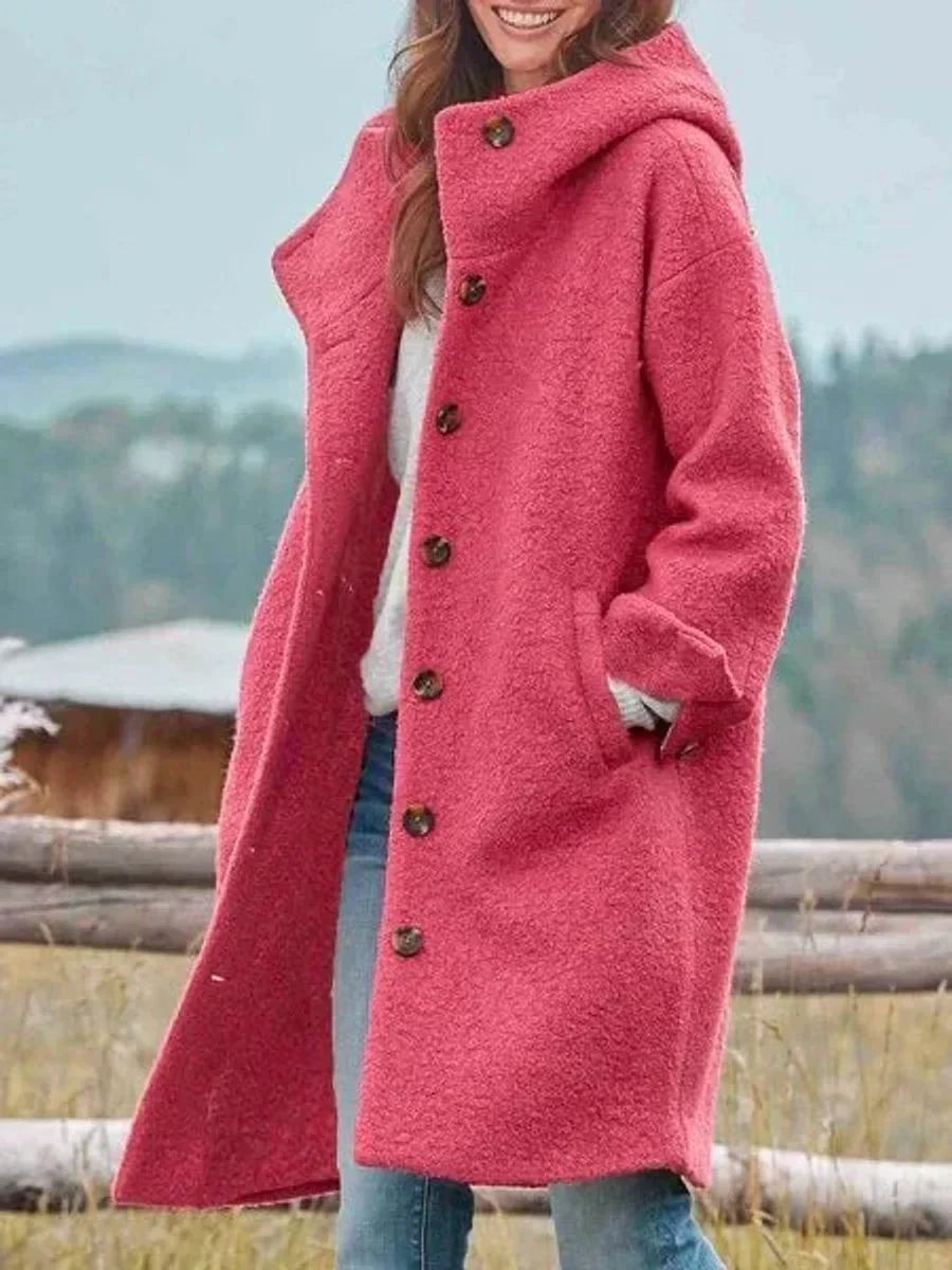 Women's Long Hooded Button-Front Fleece Coat