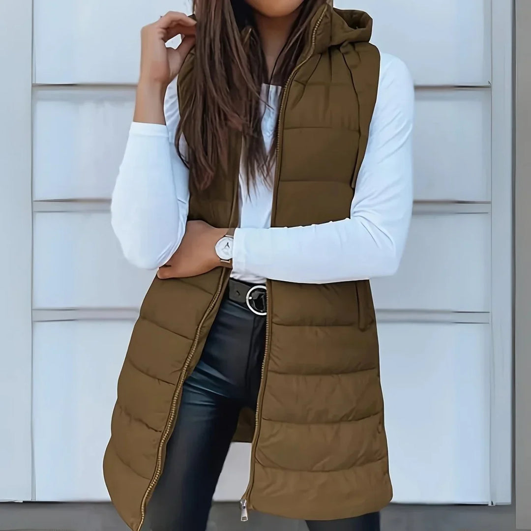 Women's Long Hooded Sleeveless Puffer Vest Lightweight Layering Gilet