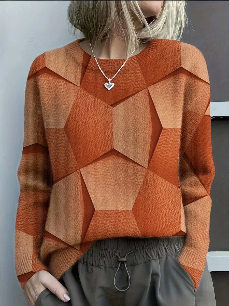 Women's Long-Sleeve Geometric Print Knit Sweater Crewneck Top