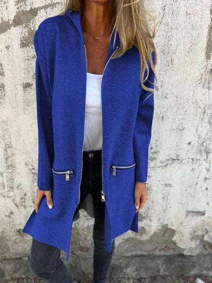 Women's Long-Sleeve Hooded Mid-Length Cardigan – Full Zip And Zipper Pockets