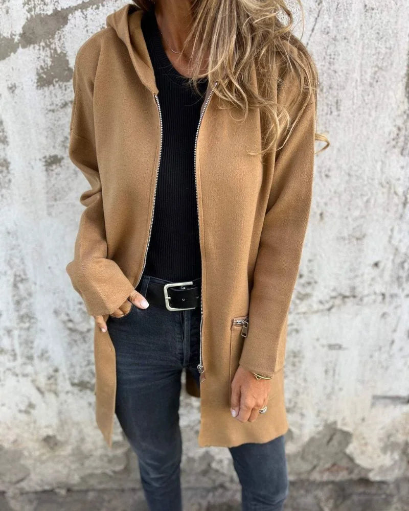 Women's Long-Sleeve Hooded Mid-Length Cardigan – Full Zip And Zipper Pockets