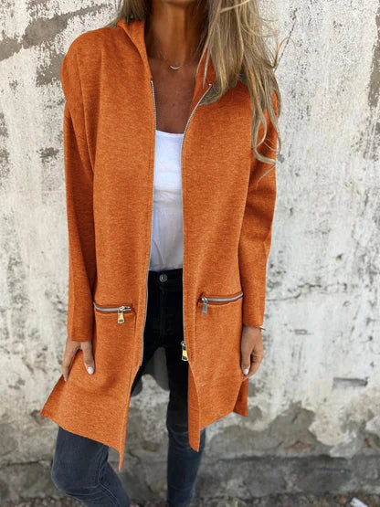 Women's Long-Sleeve Hooded Mid-Length Cardigan – Full Zip And Zipper Pockets