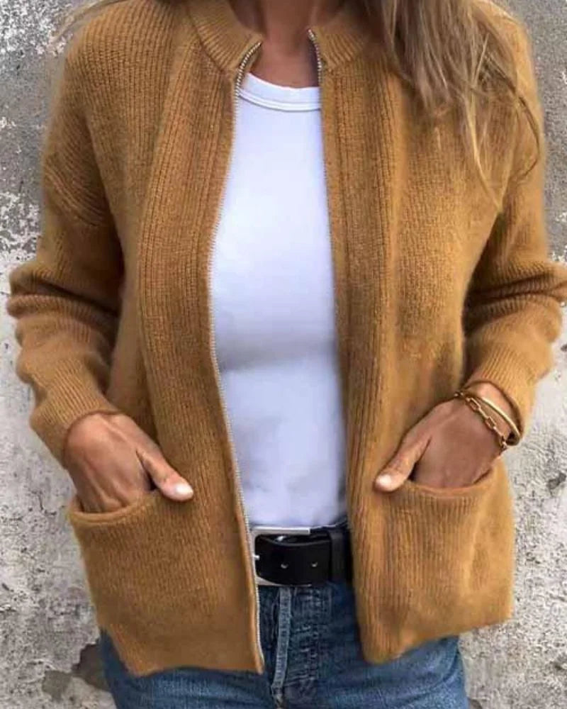 Women's Long Sleeve Ribbed Knit Cardigan Sweater – Full-Zip Closure And Pockets