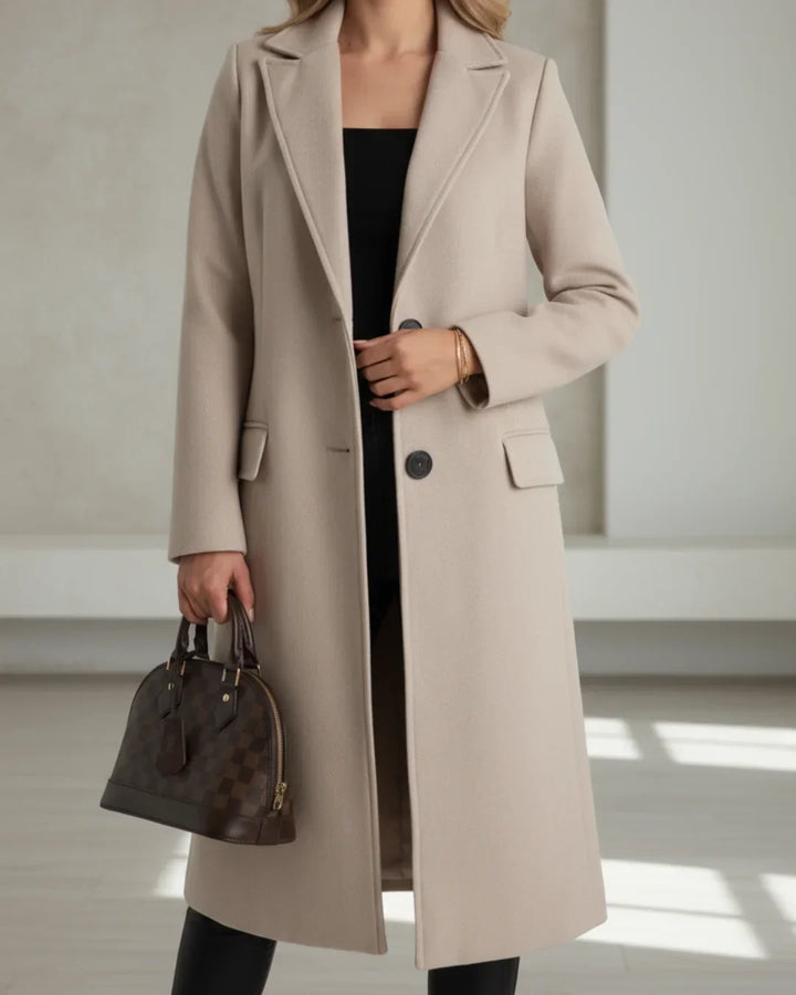 Women's Long Tailored Wool Coat – Notched Lapel And Single-Breasted Front