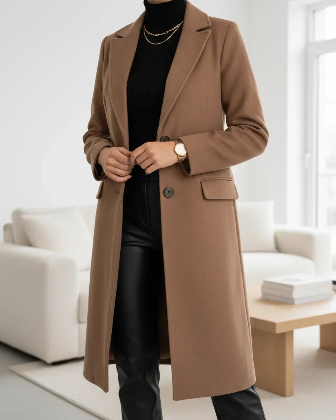 Women's Long Tailored Wool Coat – Notched Lapel And Single-Breasted Front
