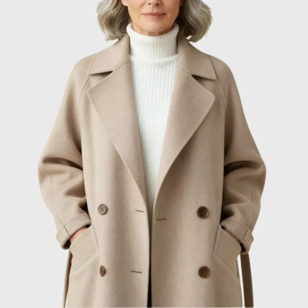 Women's Longline Double-Breasted Wool Coat – Self-Tie Belt