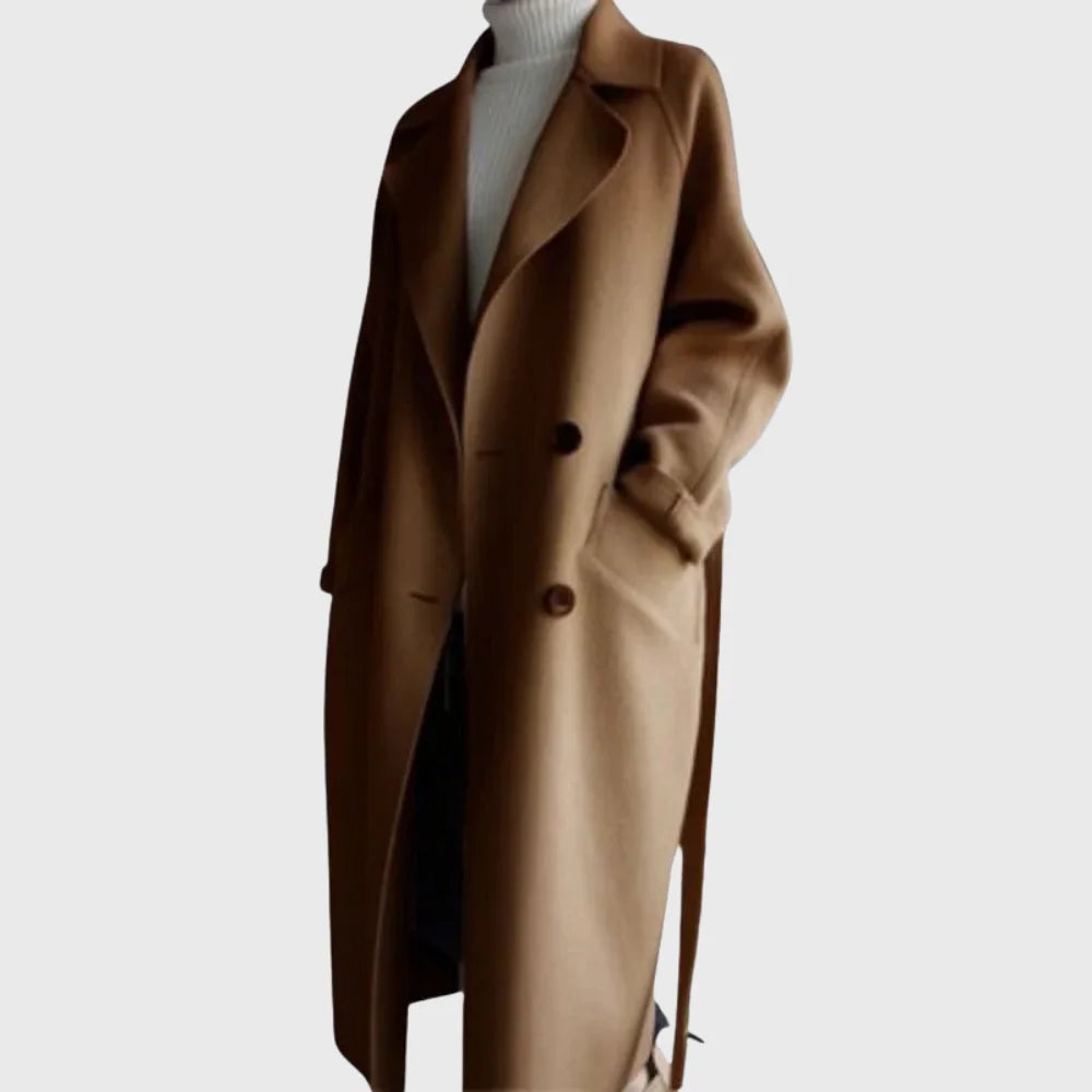 Women's Longline Double-Breasted Wool Coat – Self-Tie Belt