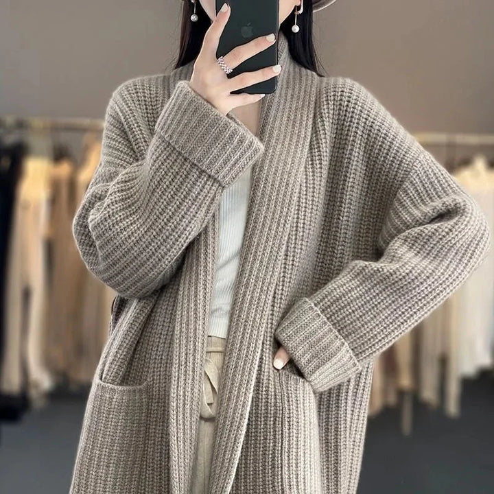 Women's Longline Rib-Knit Relaxed Fit Cardigan Sweater – Open Front And Patch Pockets