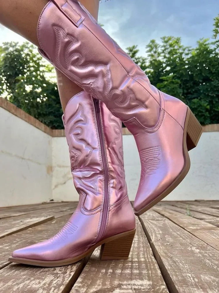 Women's Metallic Pink Cowboy Boots – Embroidered Design And Side-Zipper