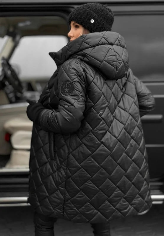 Women's Metallic Quilted Hooded Long Puffer Coat – Zip Closure