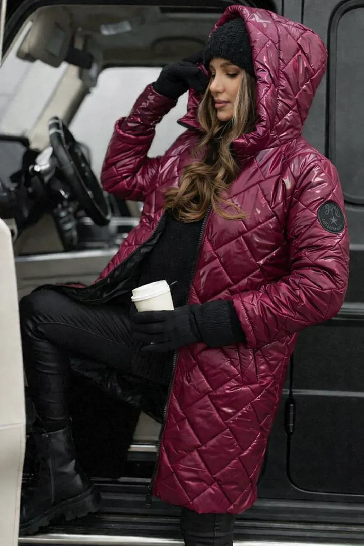 Women's Metallic Quilted Hooded Long Puffer Coat – Zip Closure