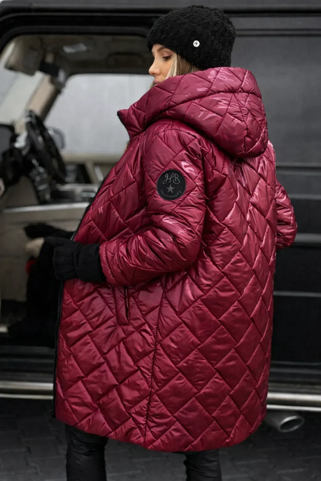 Women's Metallic Quilted Hooded Long Puffer Coat – Zip Closure
