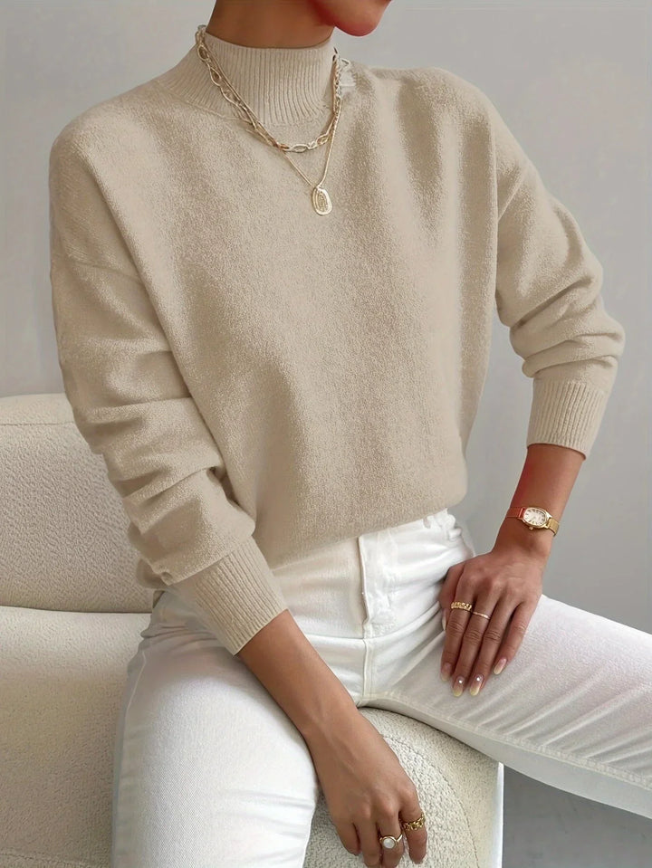 Women's Mock-Neck Long-Sleeve Knit Sweater – Relaxed Fit And Ribbed Cuffs