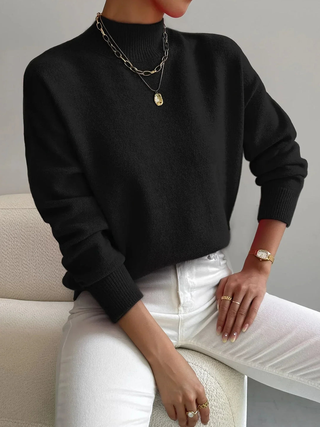 Women's Mock-Neck Long-Sleeve Knit Sweater – Relaxed Fit And Ribbed Cuffs