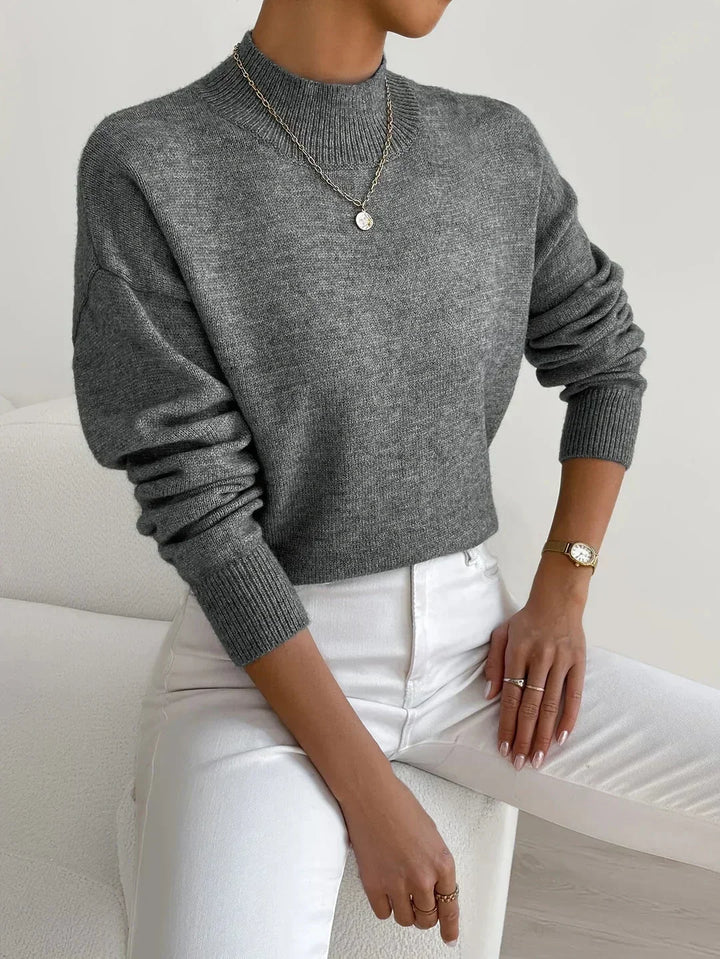Women's Mock-Neck Long-Sleeve Knit Sweater – Relaxed Fit And Ribbed Cuffs