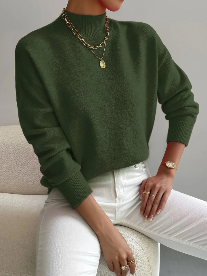 Women's Mock-Neck Long-Sleeve Knit Sweater – Relaxed Fit And Ribbed Cuffs