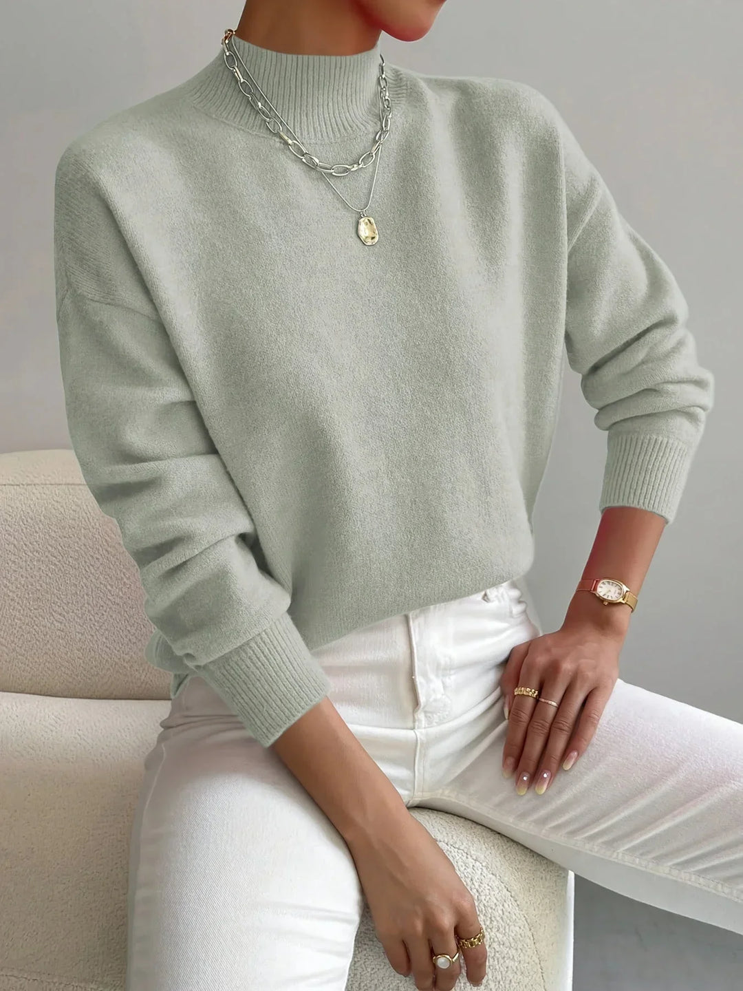 Women's Mock-Neck Long-Sleeve Knit Sweater – Relaxed Fit And Ribbed Cuffs