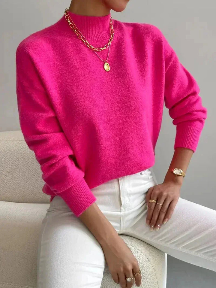 Women's Mock-Neck Long-Sleeve Knit Sweater – Relaxed Fit And Ribbed Cuffs