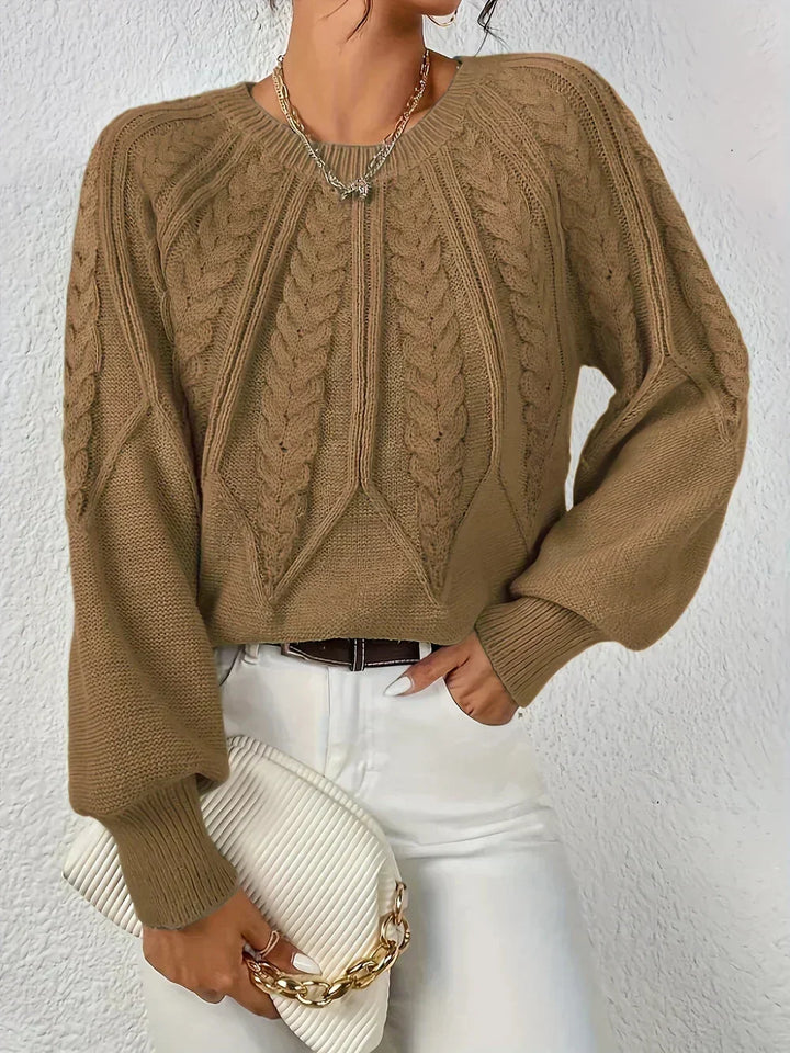 Women's Modern Cable Knit Long Sleeve Knit Sweater – Crew Neck And Voluminous Sleeves