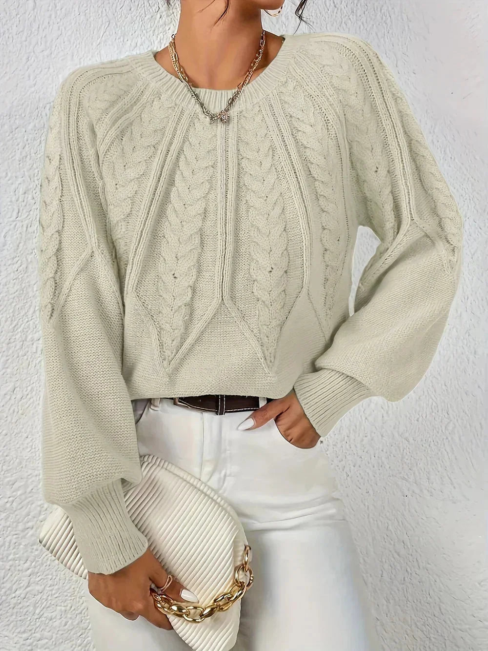 Women's Modern Cable Knit Long Sleeve Knit Sweater – Crew Neck And Voluminous Sleeves