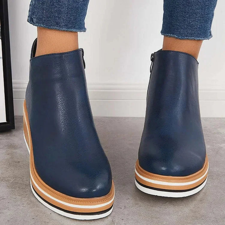 Women's Navy Faux Leather Ankle Wedge Platform Boots – Side Zipper