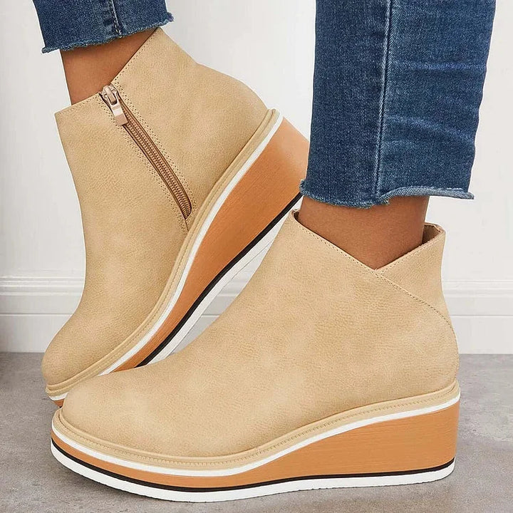 Women's Navy Faux Leather Ankle Wedge Platform Boots – Side Zipper