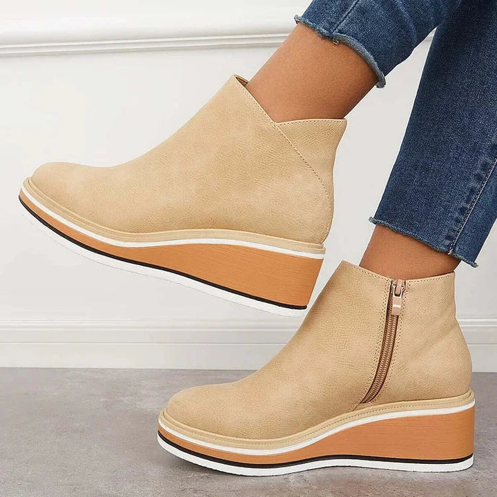 Women's Navy Faux Leather Ankle Wedge Platform Boots – Side Zipper