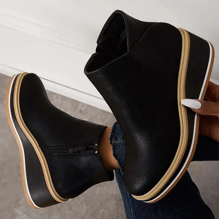 Women's Navy Faux Leather Ankle Wedge Platform Boots – Side Zipper