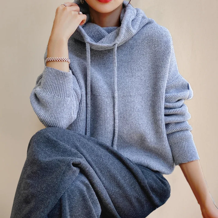 Women's Olive Knit Hoodie – Drawstring Cowl-Neck And Dropped-Shoulder