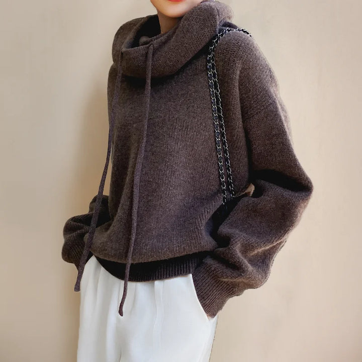 Women's Olive Knit Hoodie – Drawstring Cowl-Neck And Dropped-Shoulder