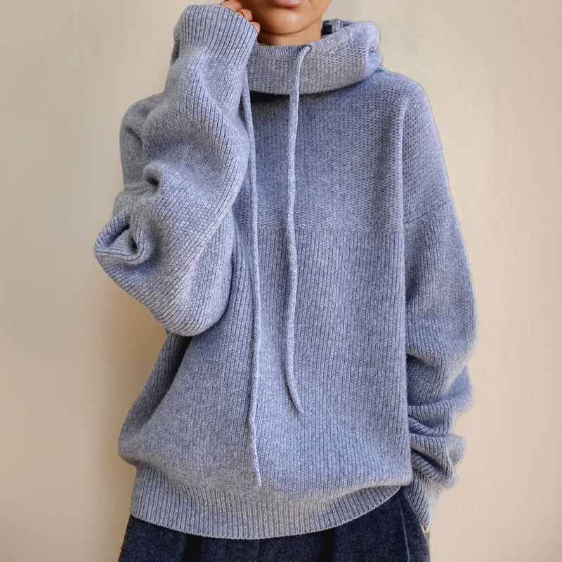 Women's Olive Knit Hoodie – Drawstring Cowl-Neck And Dropped-Shoulder