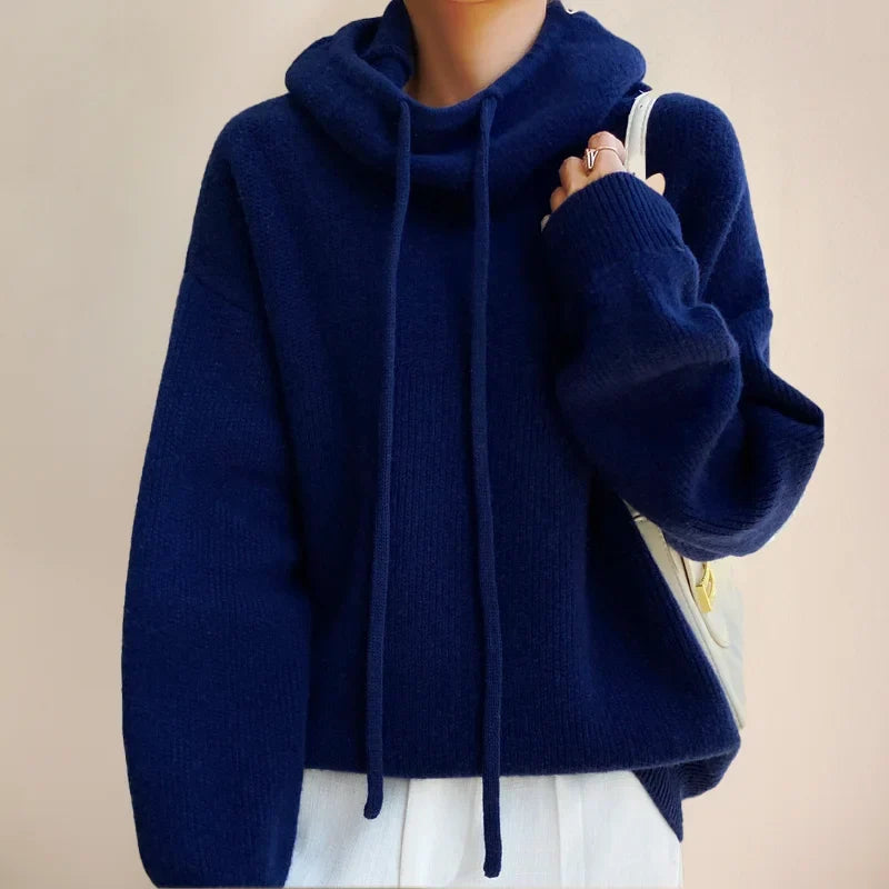 Women's Olive Knit Hoodie – Drawstring Cowl-Neck And Dropped-Shoulder