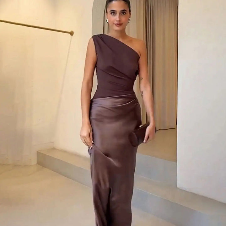 Women's Maxi Dress – One-Shoulder Asymmetric Draped Satin Party