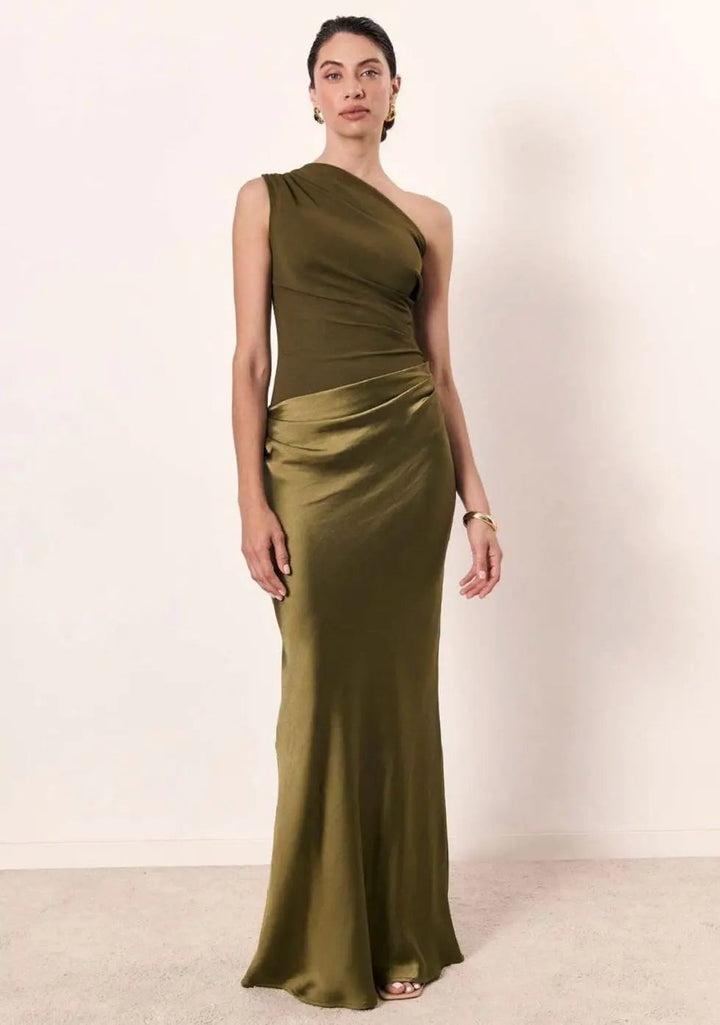 Women's Maxi Dress – One-Shoulder Asymmetric Draped Satin Party