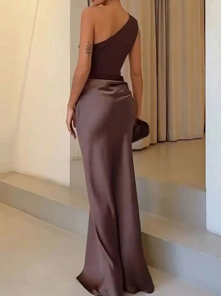 Women's Maxi Dress – One-Shoulder Asymmetric Draped Satin Party