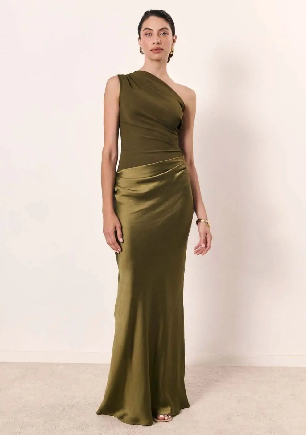 Women's Maxi Dress – One-Shoulder Asymmetric Draped Satin Party