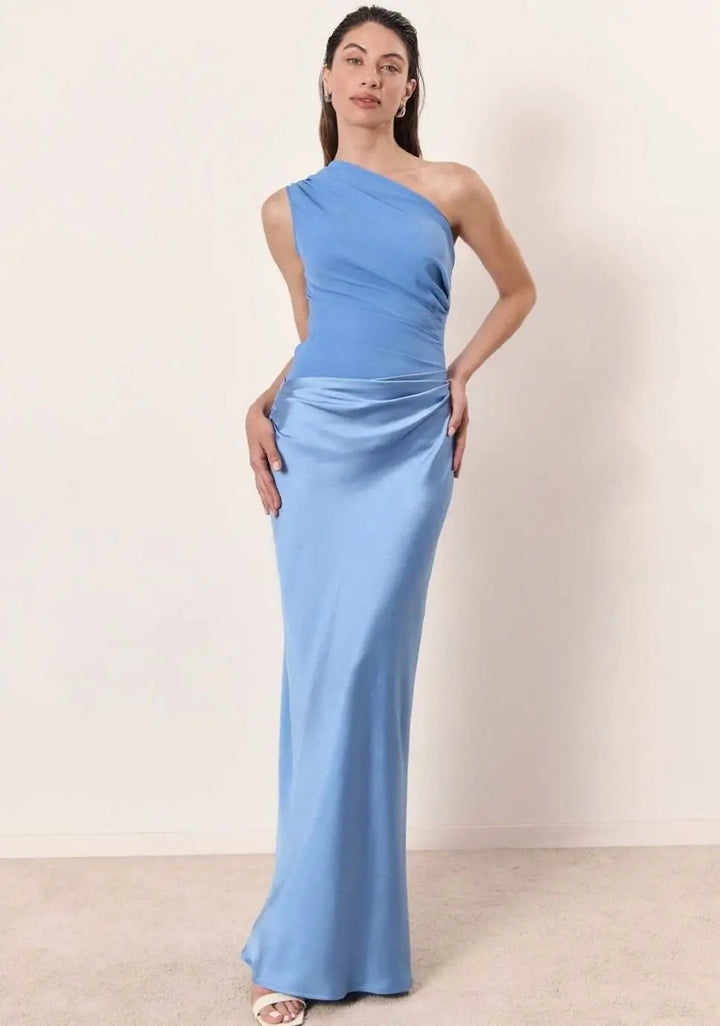 Women's Maxi Dress – One-Shoulder Asymmetric Draped Satin Party