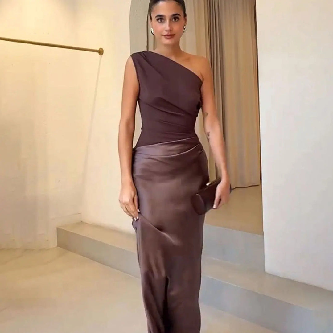 Women's Maxi Dress – One-Shoulder Asymmetric Draped Satin Party