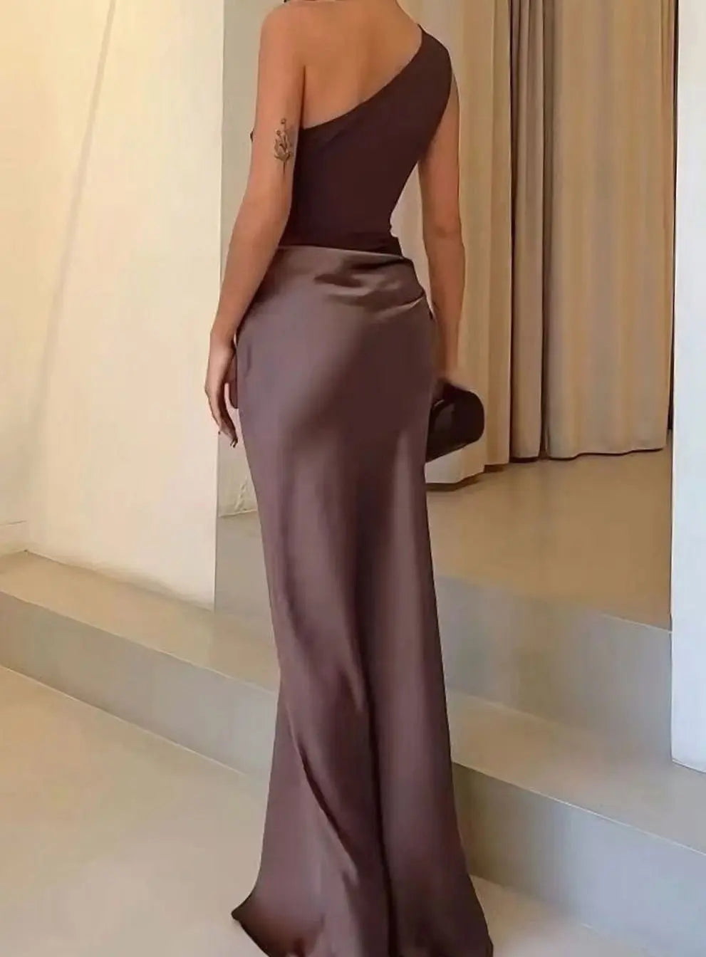Women's Maxi Dress – One-Shoulder Asymmetric Draped Satin Party