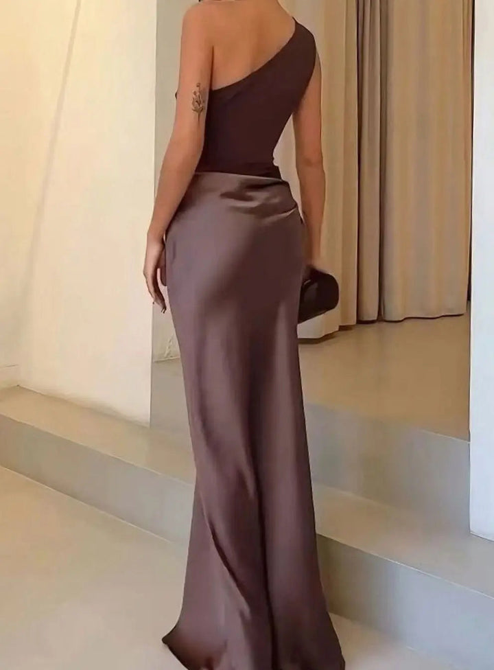 Women's Maxi Dress – One-Shoulder Asymmetric Draped Satin Party