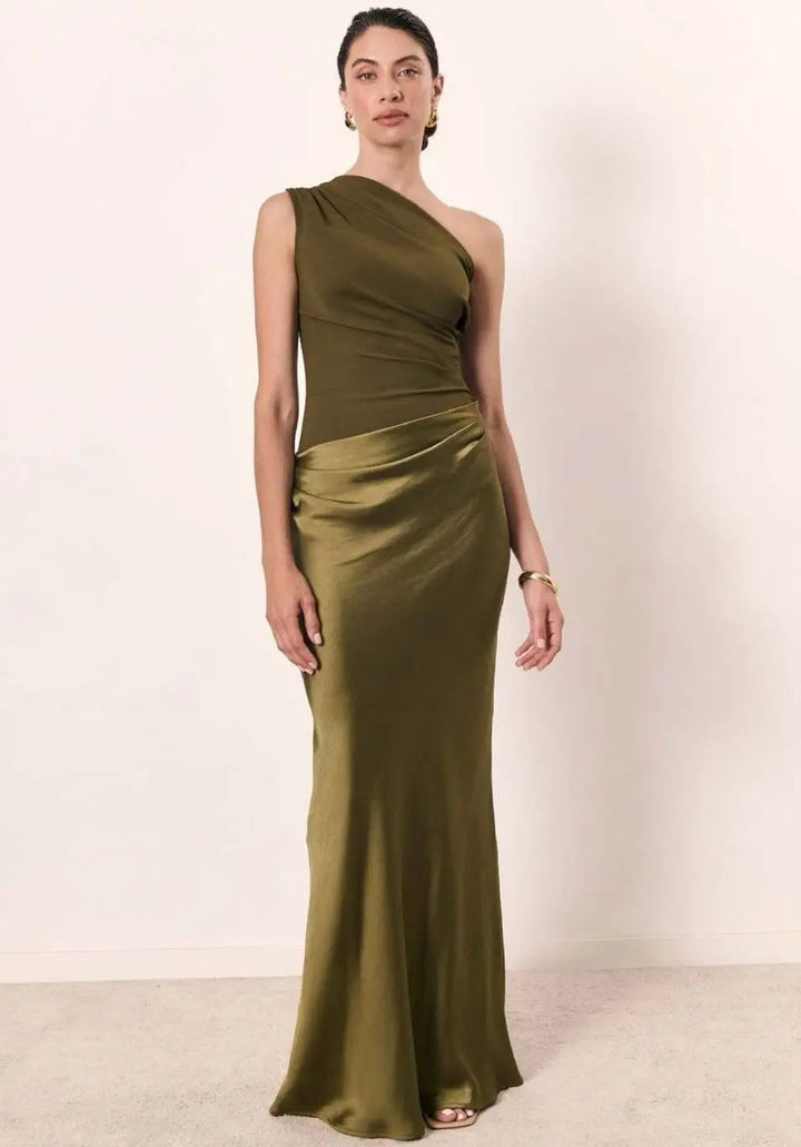Women's Maxi Dress – One-Shoulder Asymmetric Draped Satin Party