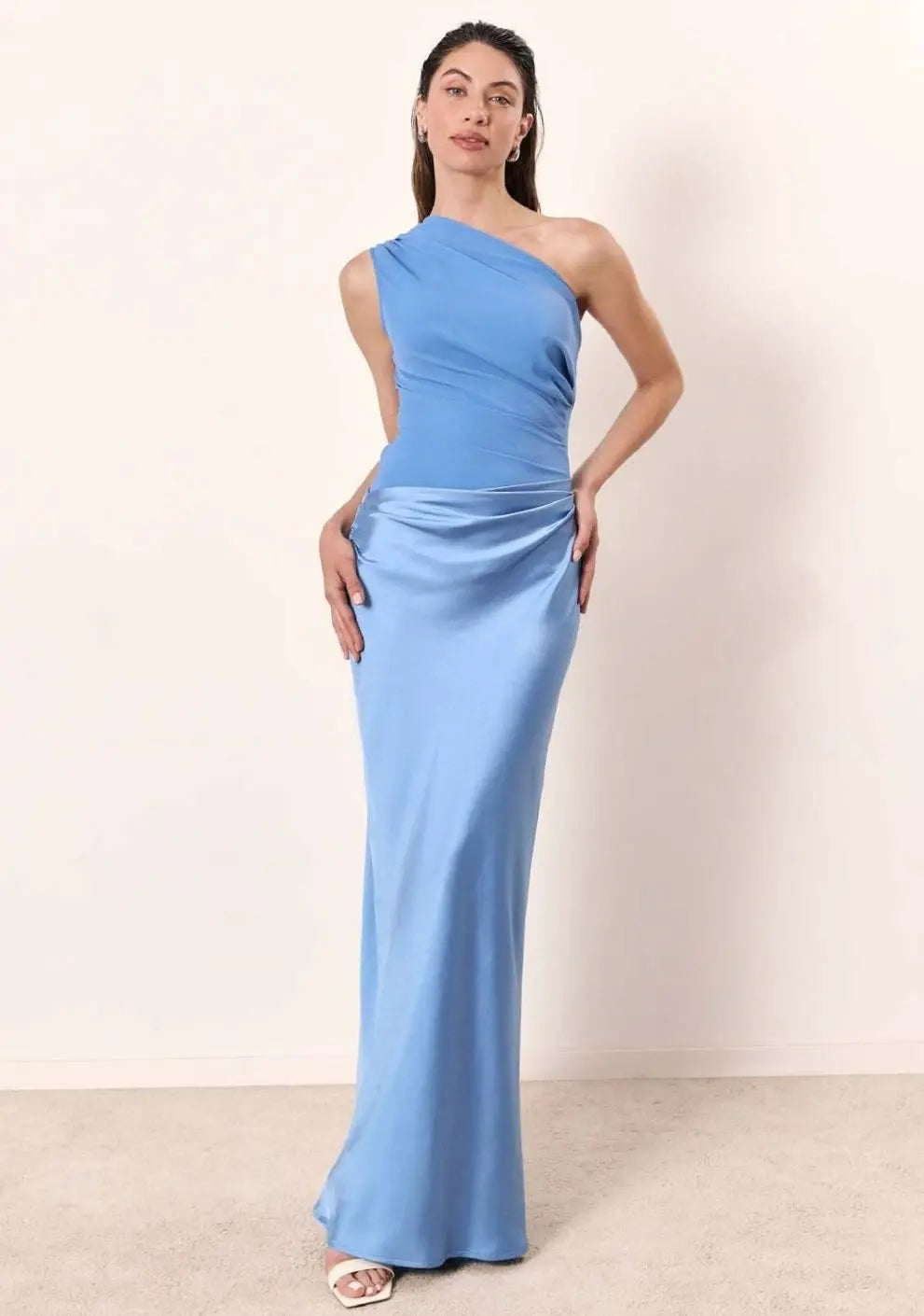 Women's Maxi Dress – One-Shoulder Asymmetric Draped Satin Party