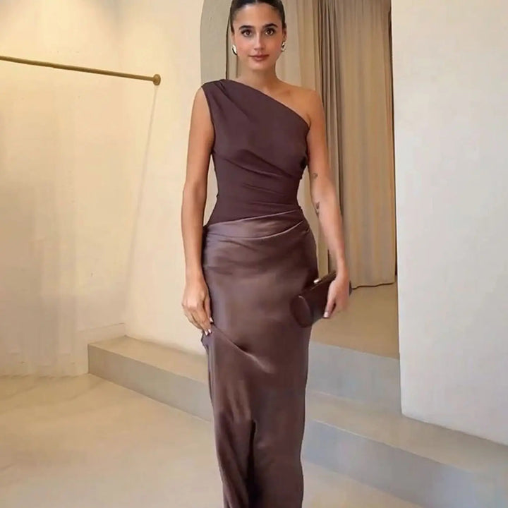 Women's Maxi Dress – One-Shoulder Asymmetric Draped Satin Party