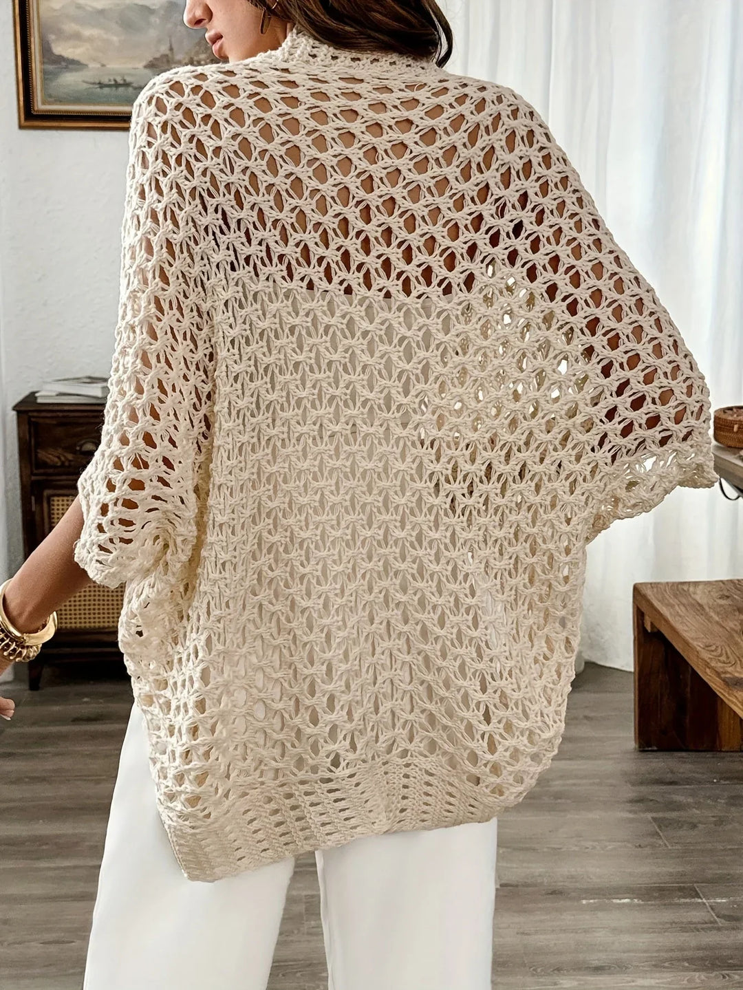 Women's Open Knit Sweater Cardigan – Drape Front And Short Sleeves
