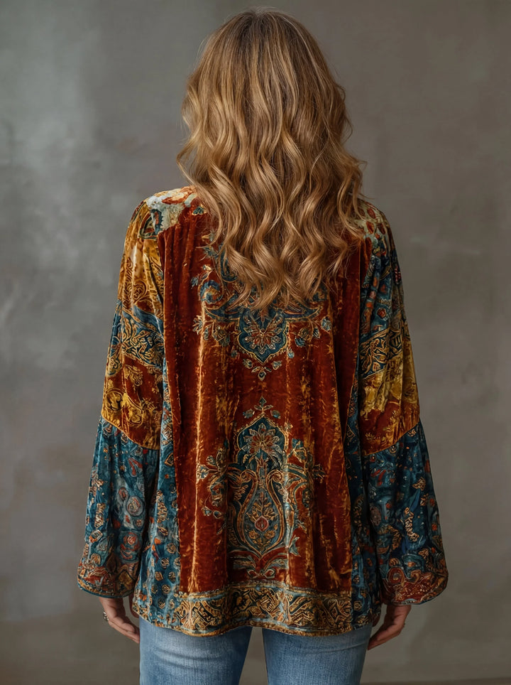Women's Ornate Velvet Boho Kimono Denim Jacket – Wide Bell Sleeves